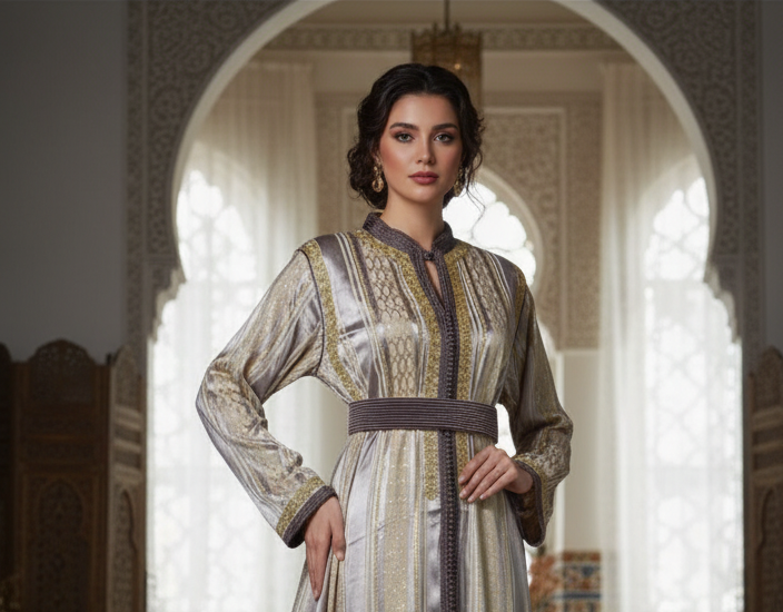 Caftan marron avec ceinture rayée assortie