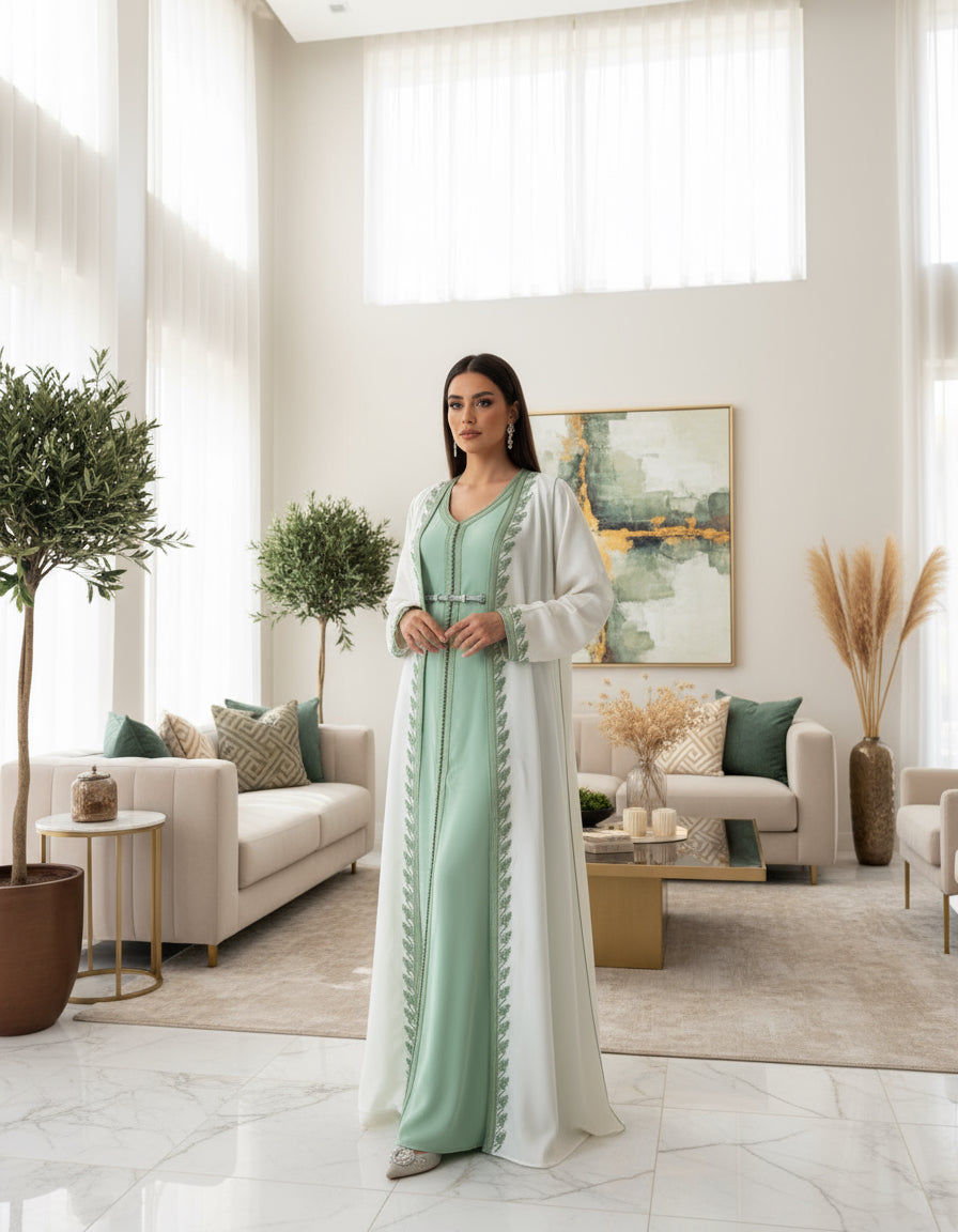 KIMONO “Maysa” – Sauge & ivoire, sfifa artisanale, ceinture corde