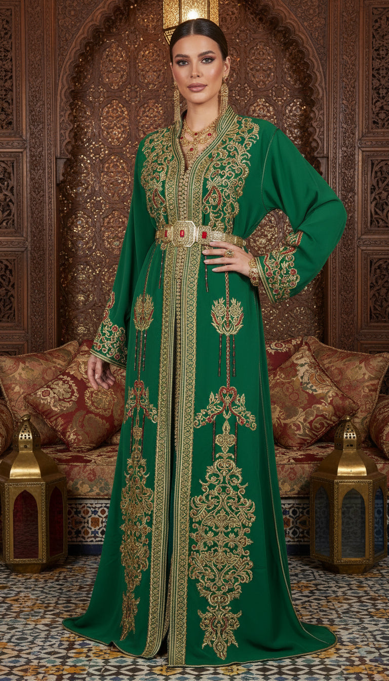 Caftan Vert Royal & Rouge – Broderies Dorées