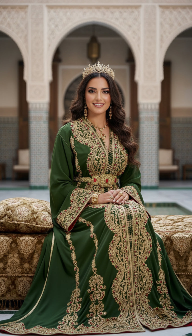 Caftan Mariée Vert Impérial avec Traîne et Broderies Luxueuses