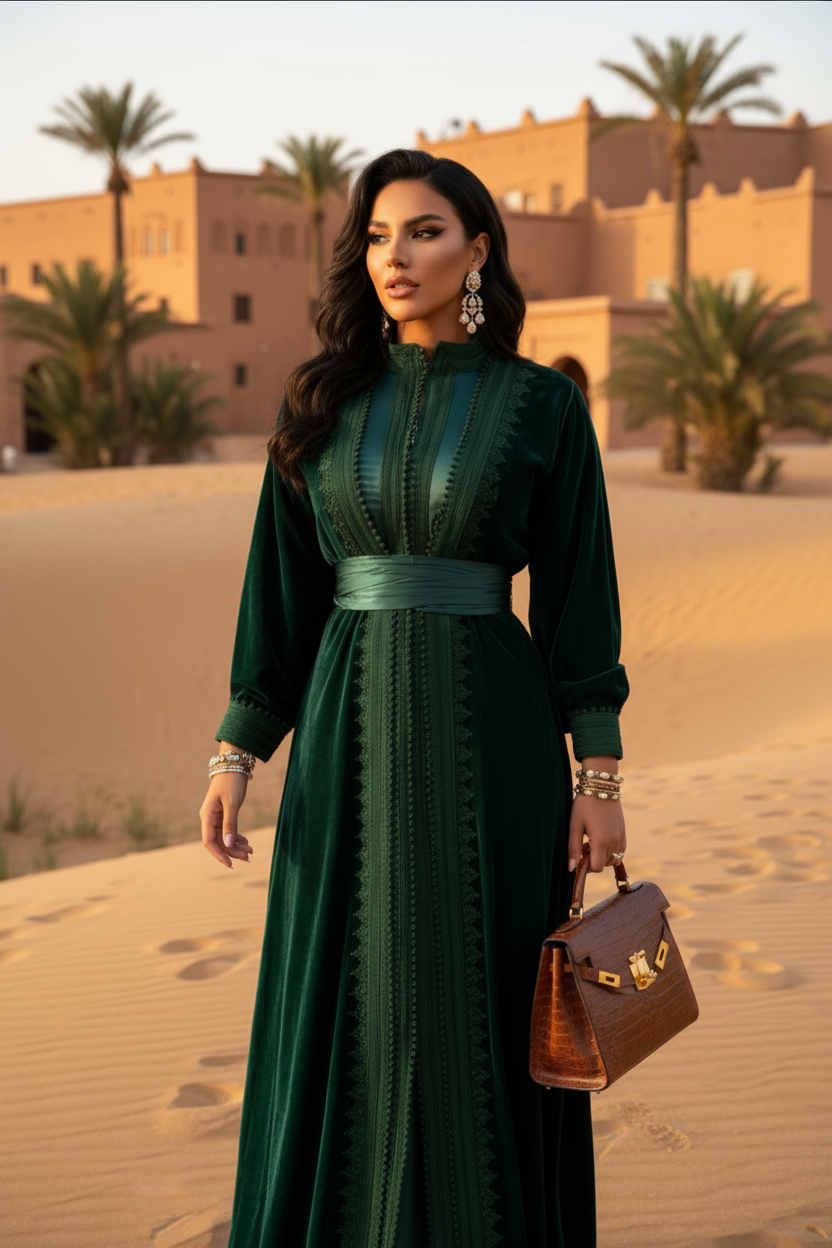 TAKCHITA en Velours – Vert sapin, col montant & ceinture broche