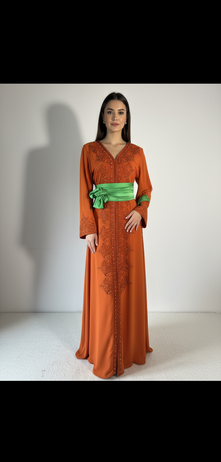 Caftan Safran Élégance — Ceinture Verte Satinée