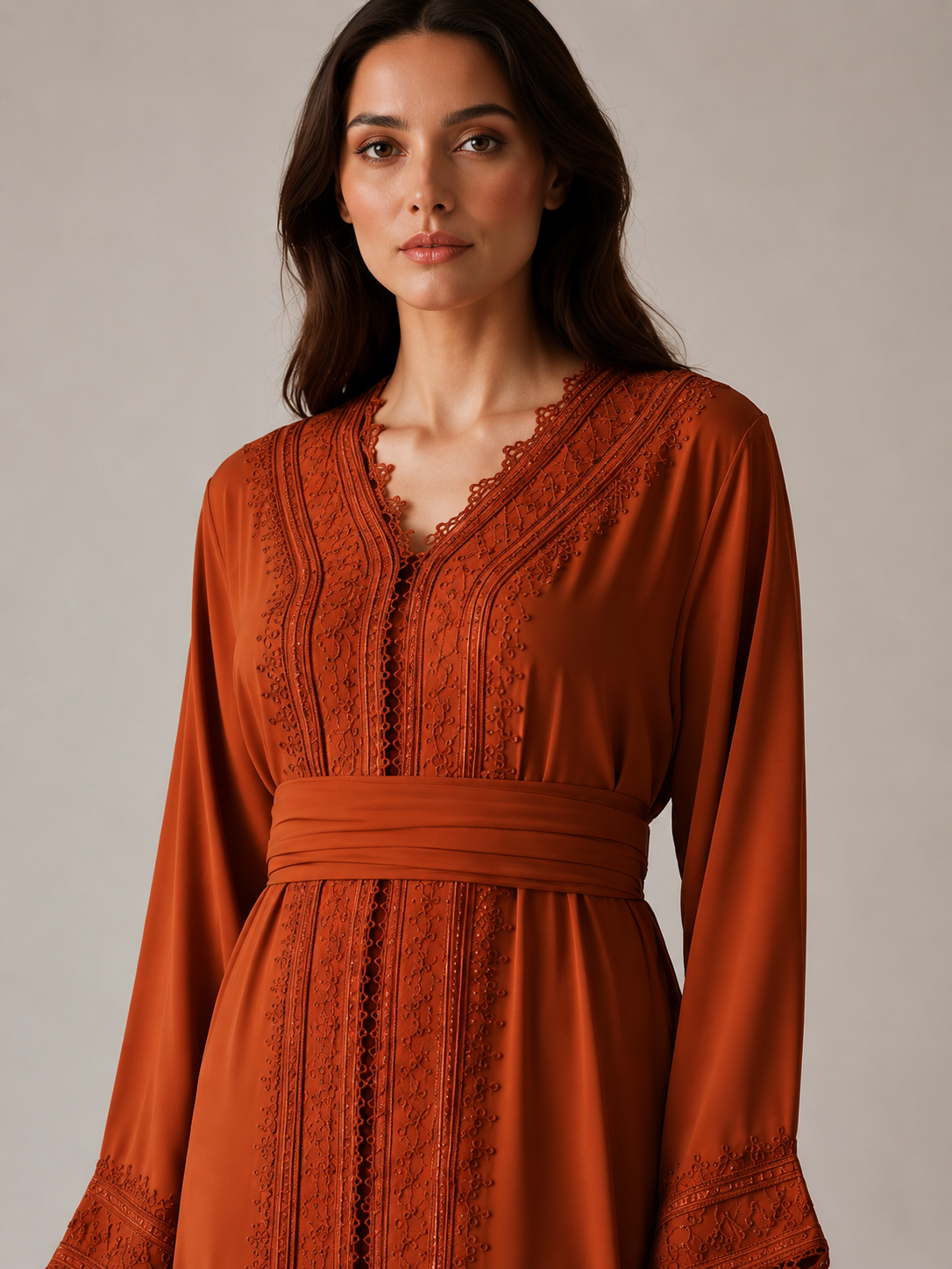 Caftan Malaik orange brique marocain - vue principale