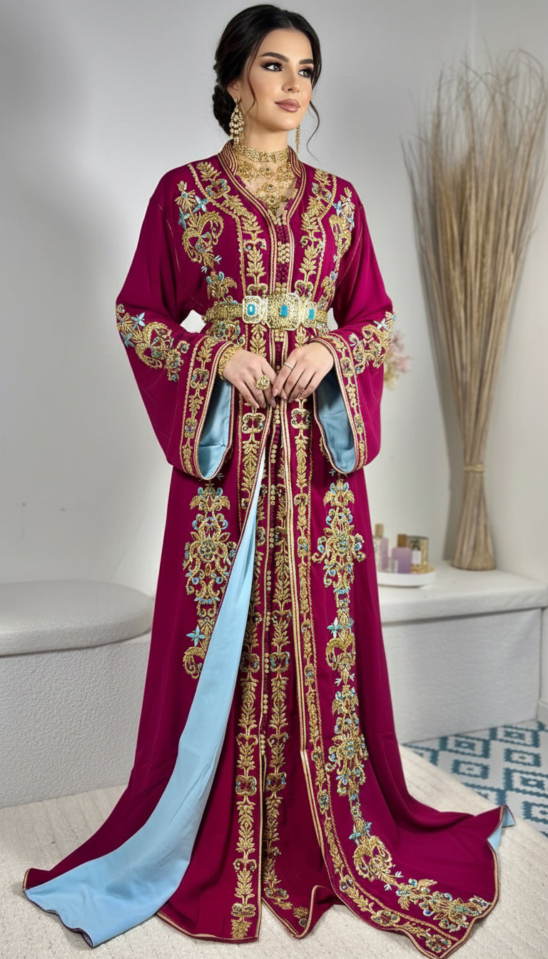 Caftan royal “Soraya” – Fuchsia, broderies or & accents turquoise
