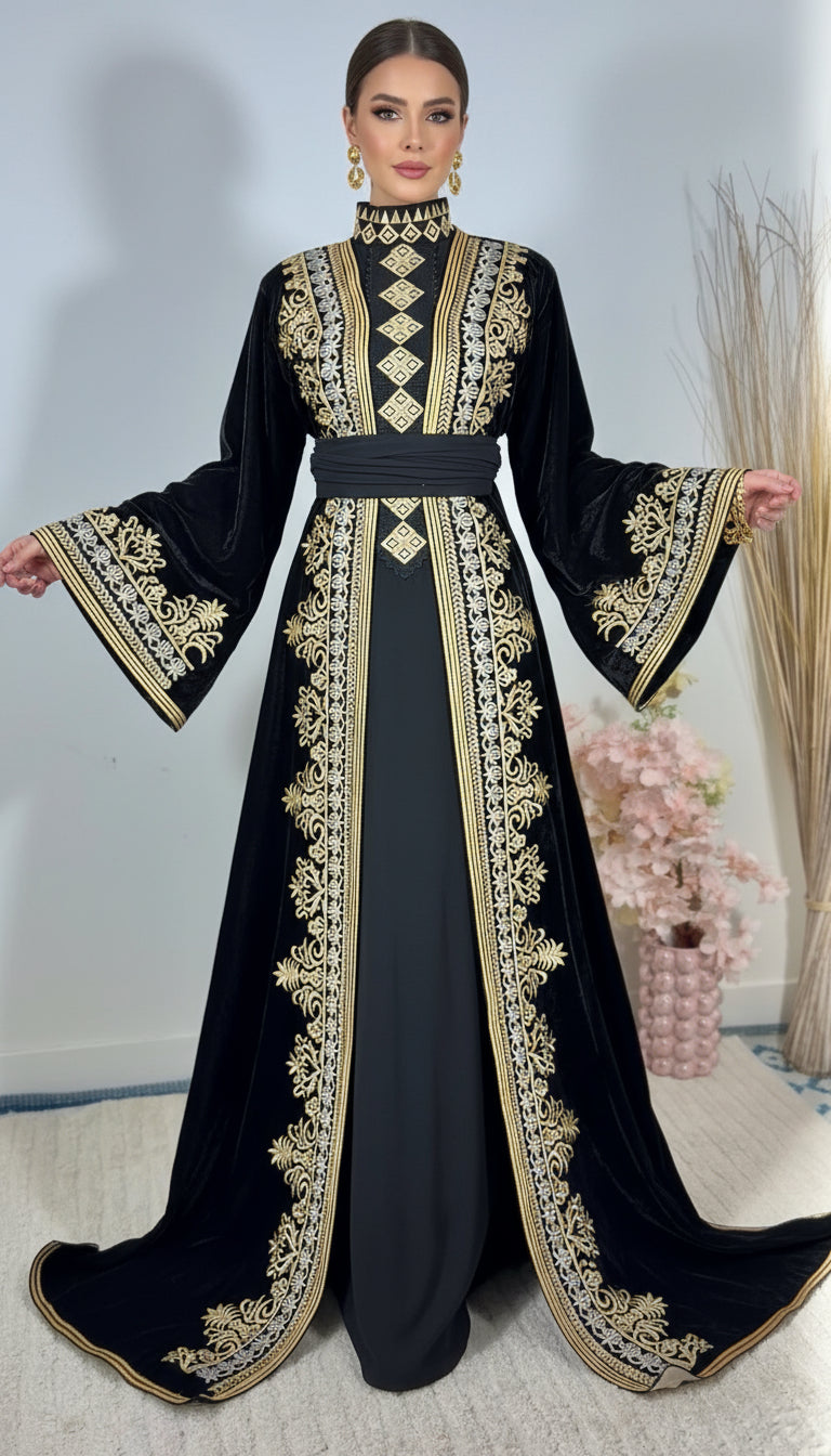 Takchita royal “Malika” – Velours noir, broderies or & argent