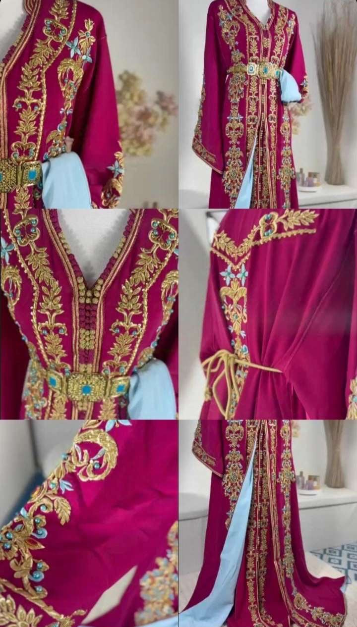 Caftan royal “Soraya” – Fuchsia, broderies or & accents turquoise