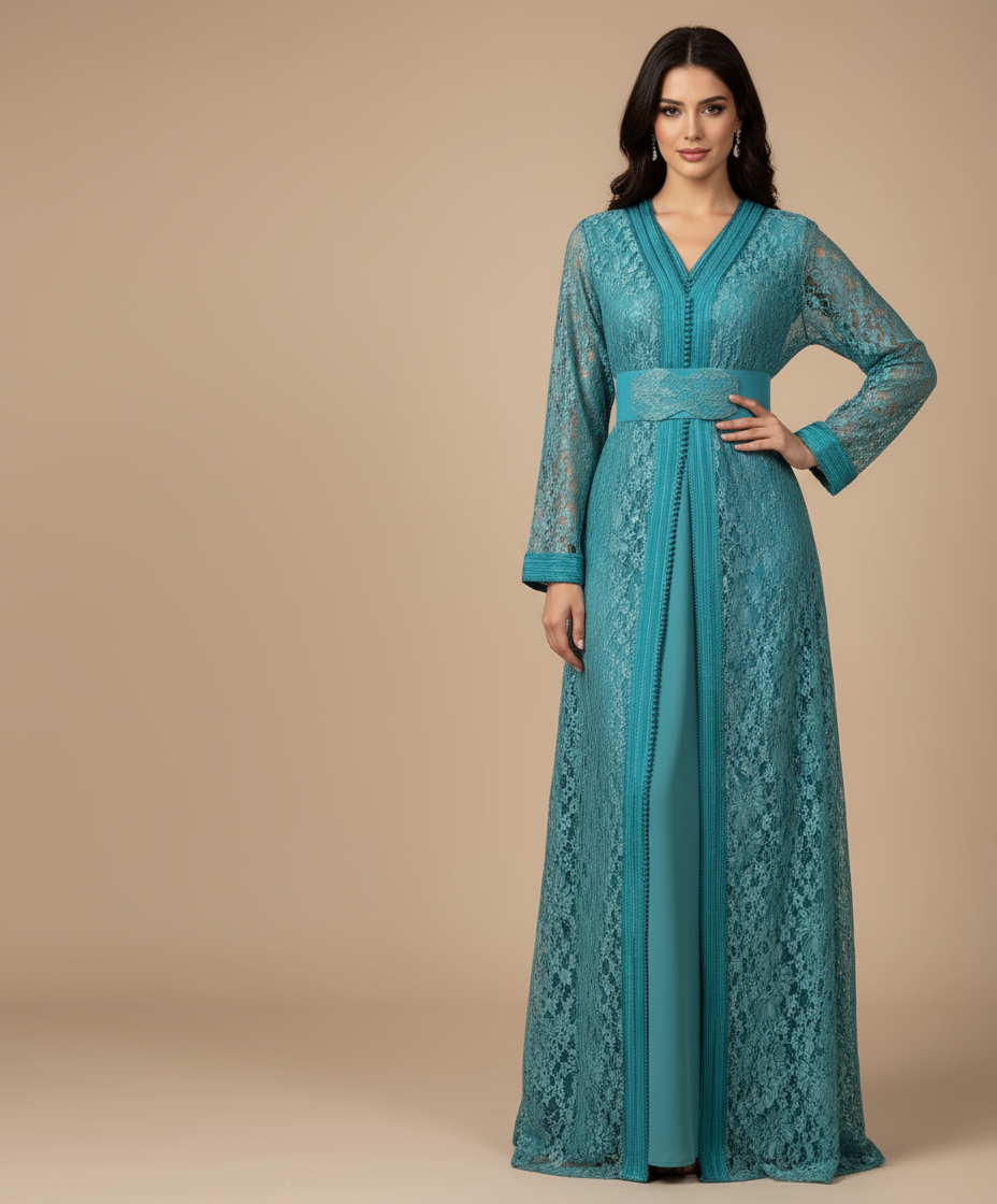 Takchita dentelle Vert Jade « Jade Élixir » — Ceinture rigide ton-sur-ton