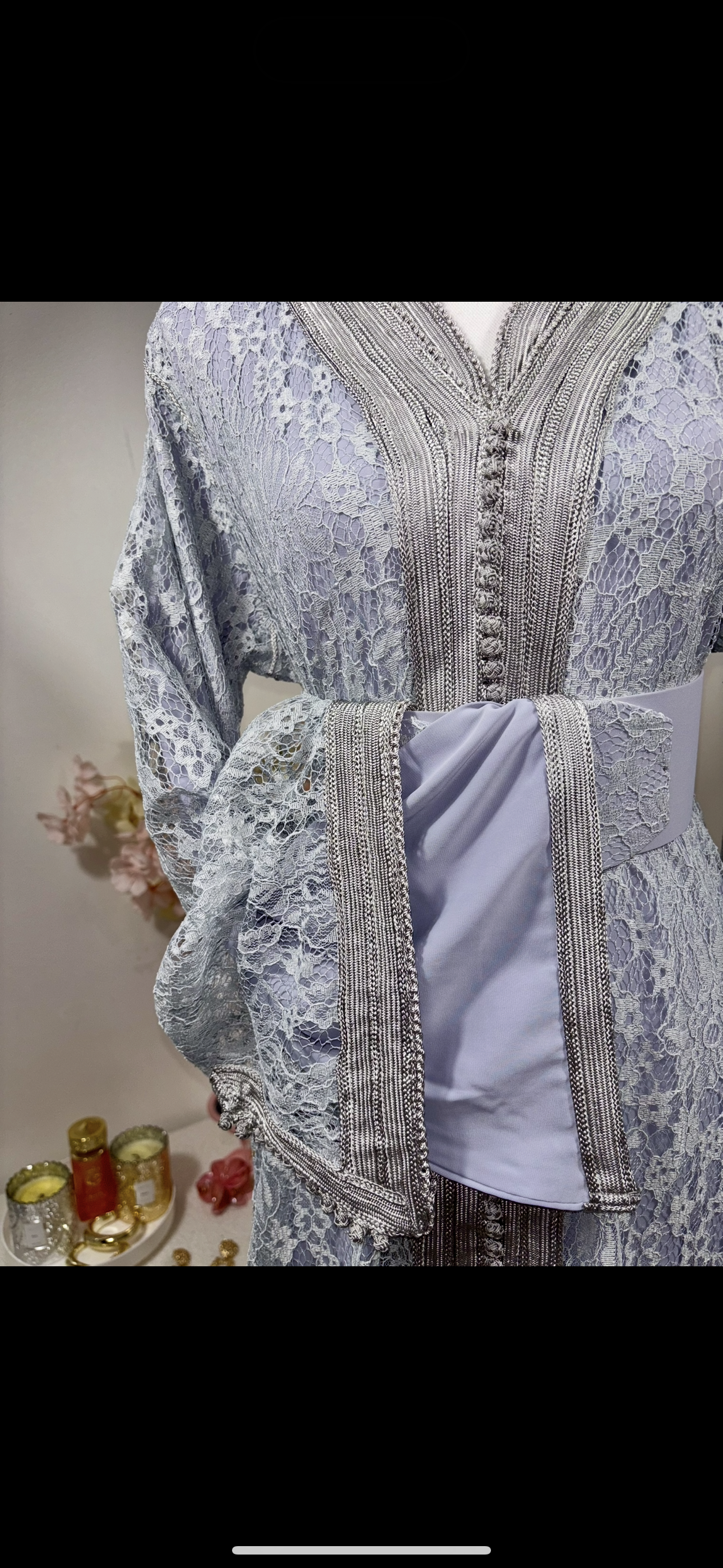 Takchita dentelle Gris « Perle Glacée » — Ceinture rigide ton-sur-ton