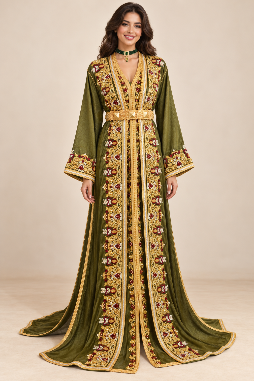 Takchita Anissa – Vert Olive Brodée & Perlée