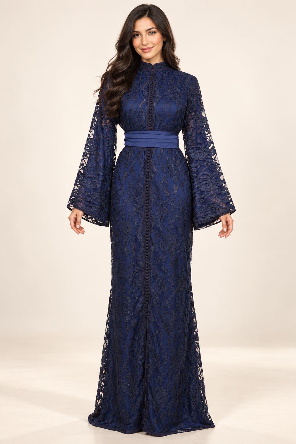 Caftan Sirène Dentelle Bleu Nuit