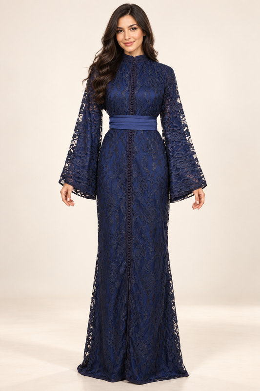 Caftan Sirène Dentelle Bleu Nuit