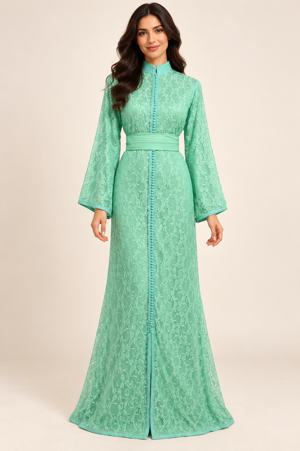 Caftan Sirène Dentelle Vert Menthe
