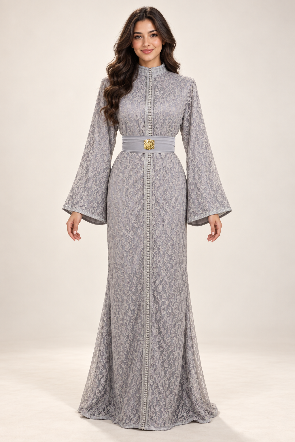 Caftan Sirène Dentelle Gris Argent