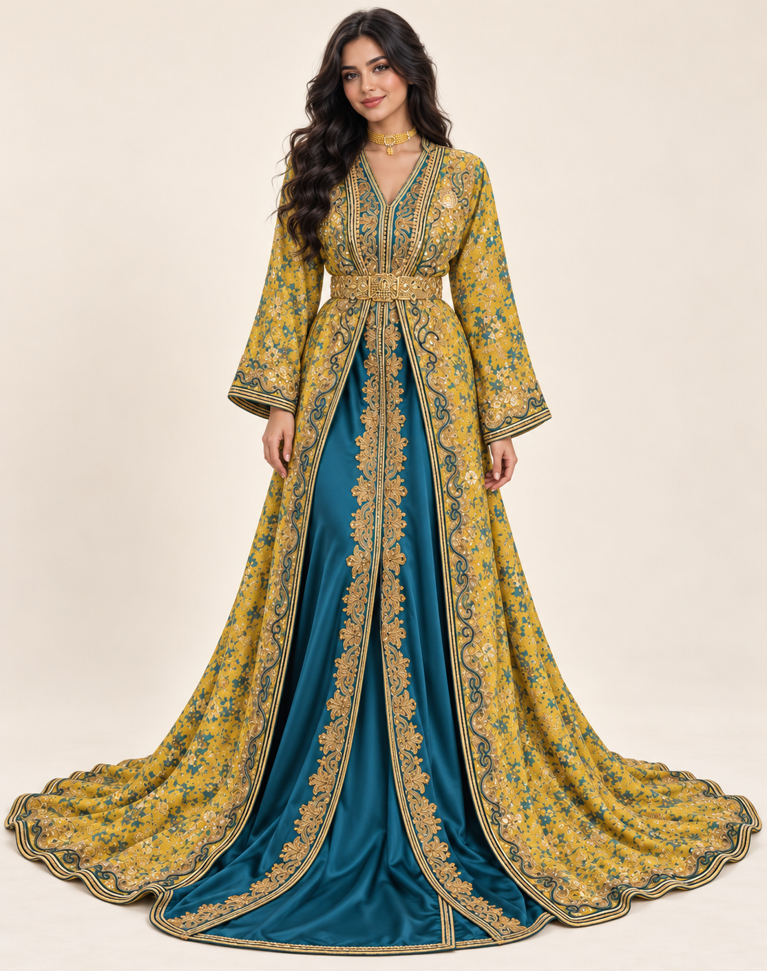 Takchita Haute Couture Brocart Jaune & Fond Bleu Canard