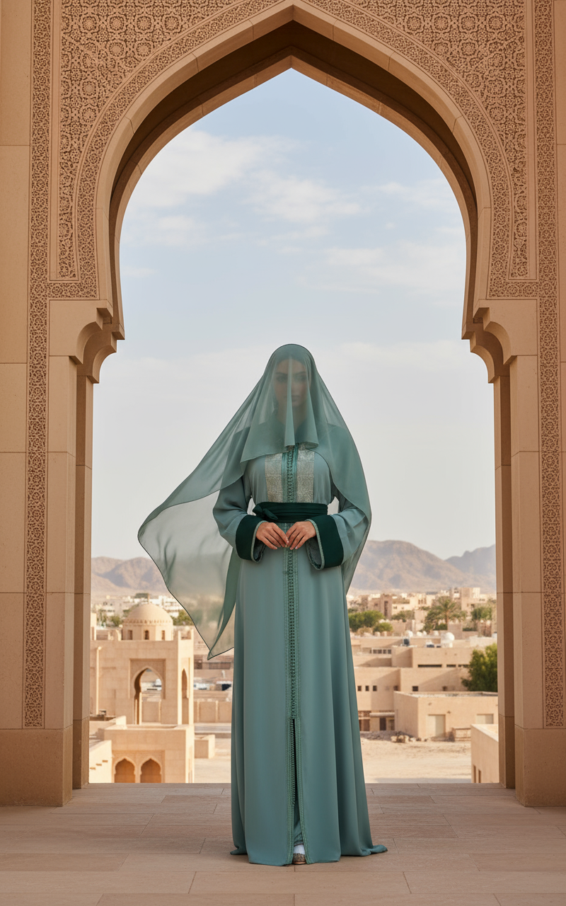 Caftan vert sauge brodé avec ceinture – Zeynaya Prestige