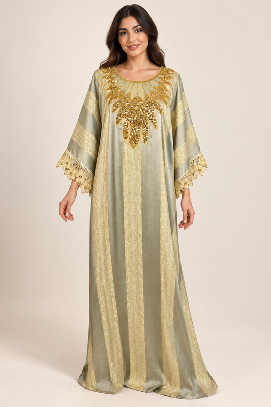 Gandoura Johara kaki clair et dorée portée par une mannequin IA souriante