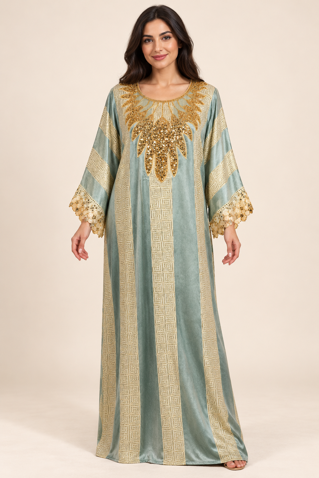 Gandoura Johara bleu ciel et dorée portée par une mannequin IA souriante