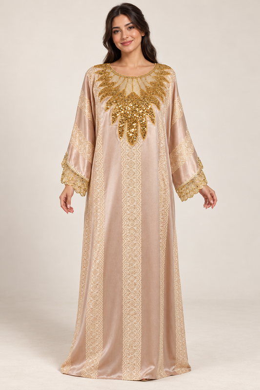 Gandoura Johara rose poudré et dorée portée par une mannequin IA souriante