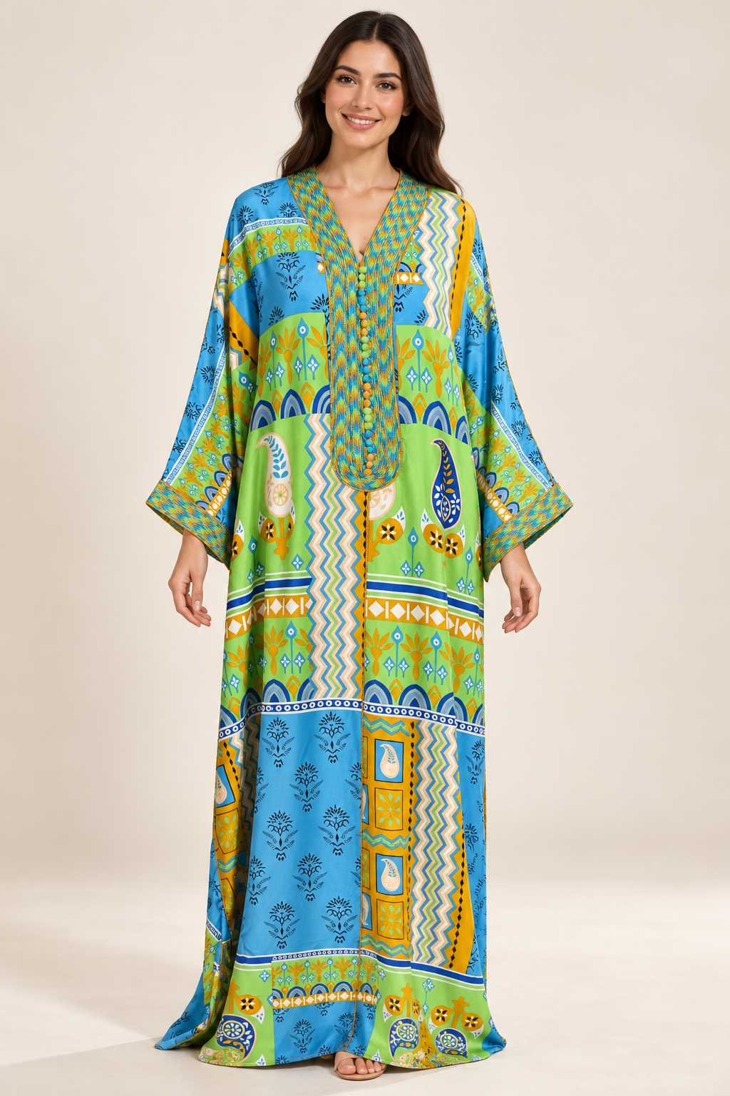Gandoura Naïla bleue et orange à motifs graphiques portée par une mannequin IA souriante
