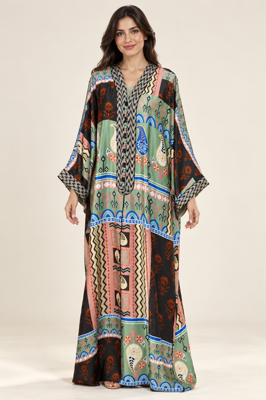 Gandoura Naïla noire, verte et saumon à motifs graphiques portée par une mannequin IA souriante