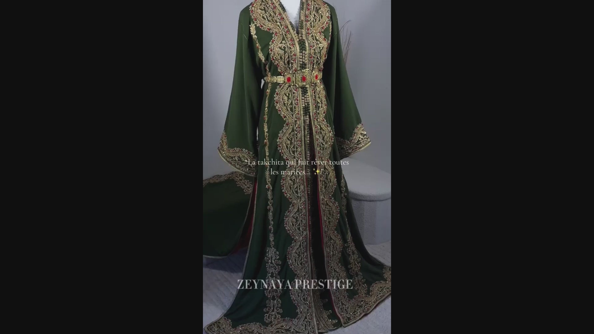 Caftan Mariée Vert Impérial avec Traîne et Broderies Luxueuses