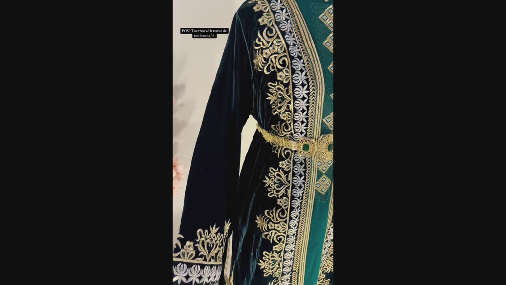 Takchita velours vert royal plastron vert – Broderies or & ivoire