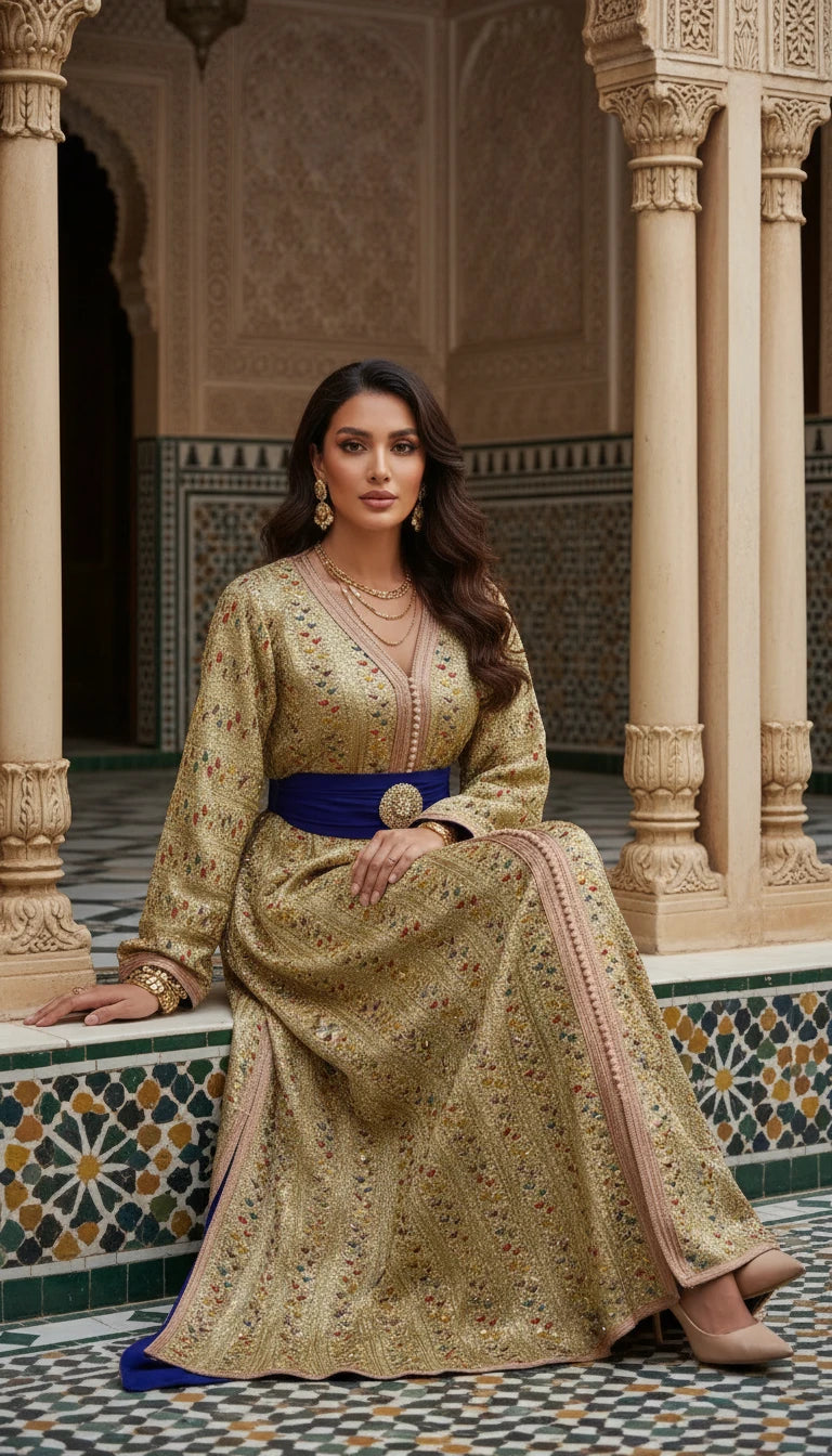 Caftan sari doré « Majesté Andalouse » — Ceinture bijou cobalt