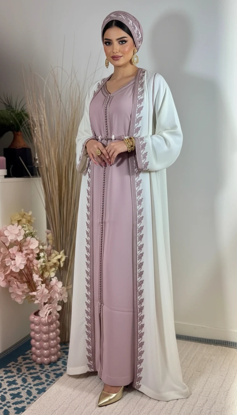 KIMONO “Maysa” – Mauve poudré & ivoire, sfifa artisanale