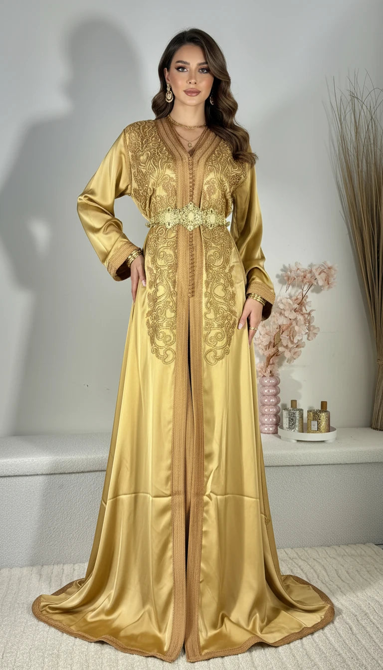 Takchita “Noura” – Or impérial, broderies ton sur ton