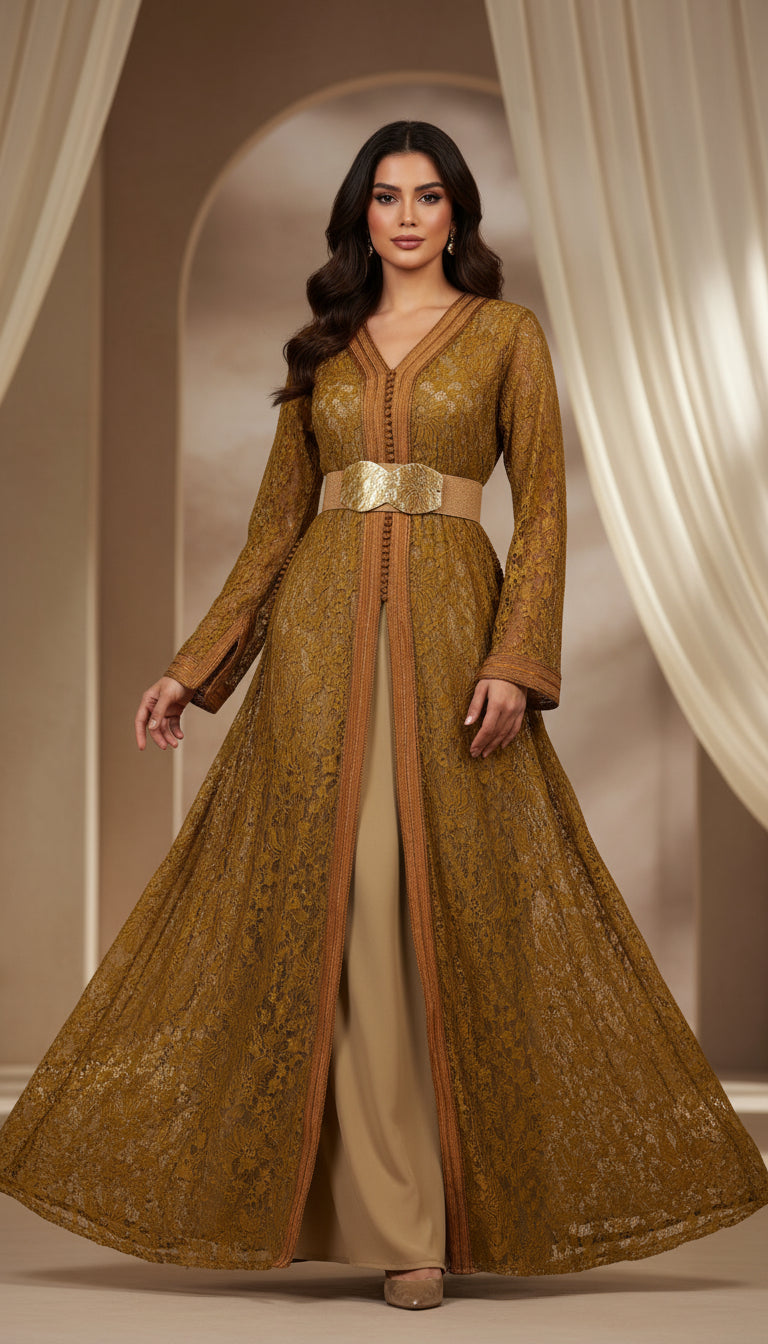 Takchita dentelle safran « Safran Impérial » — Galons cuivrés & ceinture ivoire