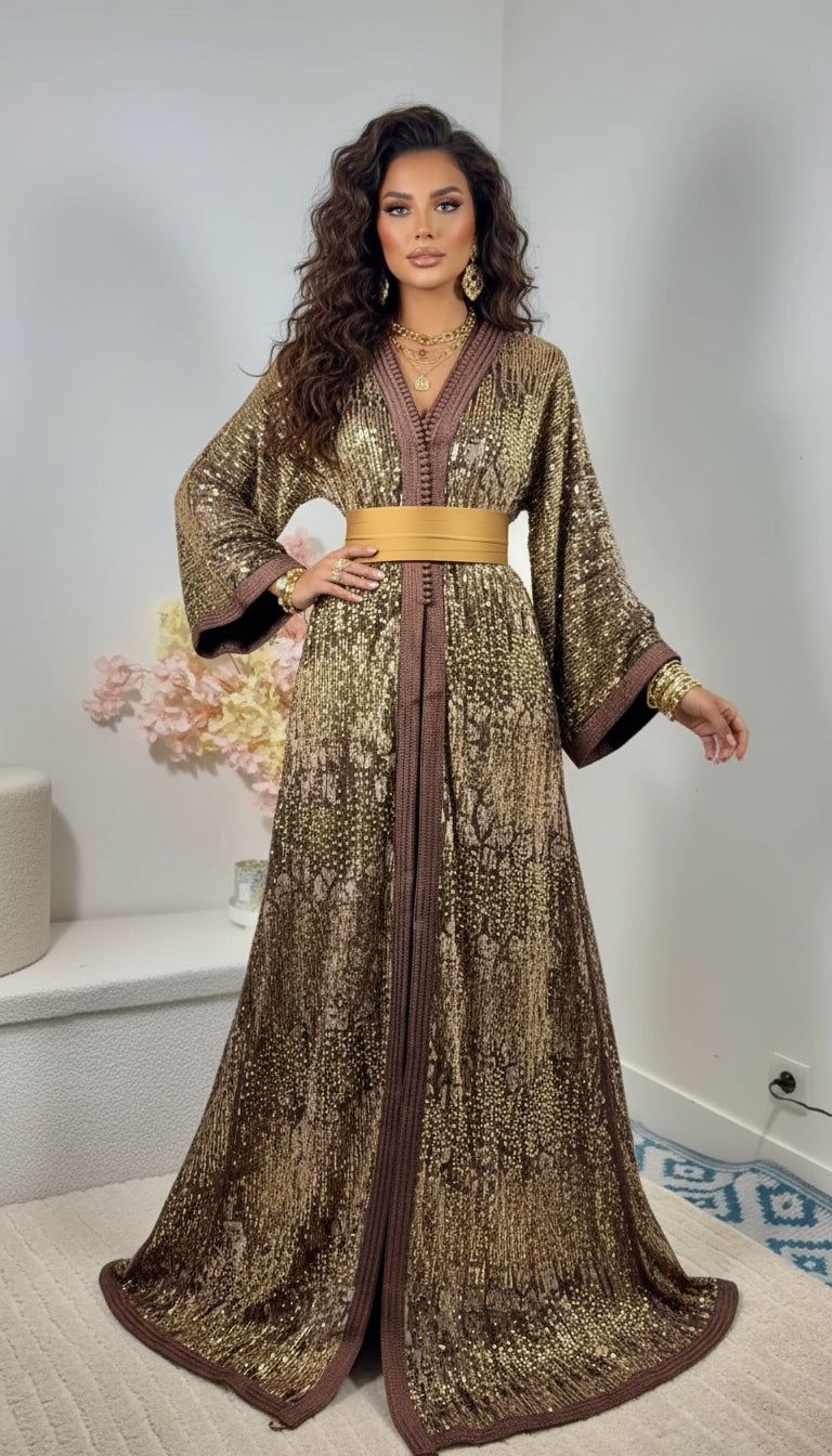 Takchita velours à sequins Chocolat & Or « Orfèvre Nuit » — Ceinture obi bronze