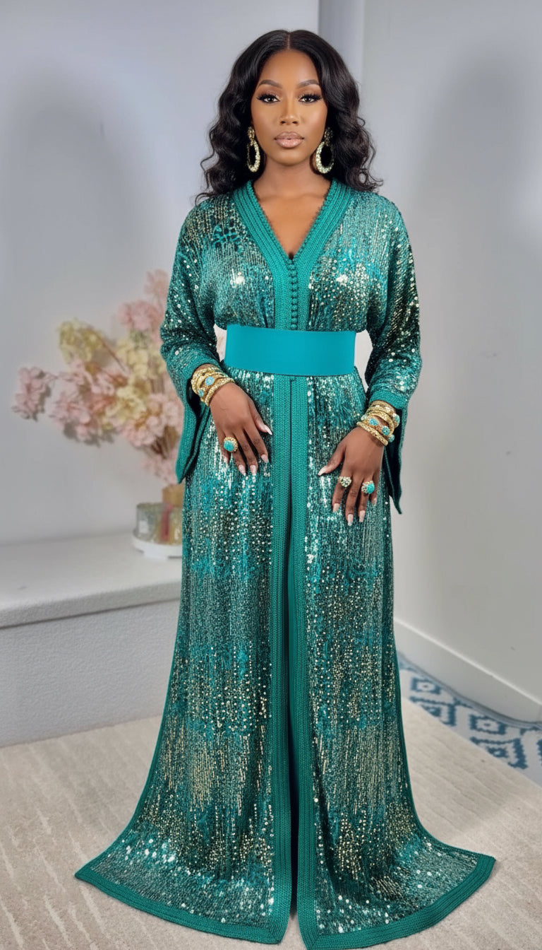 Takchita velours à sequins Vert Émeraude « Éclat d’Émeraude »